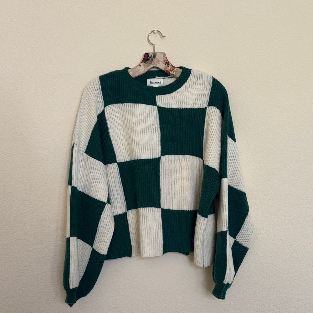 &merci green and White Block Pattern Sweater